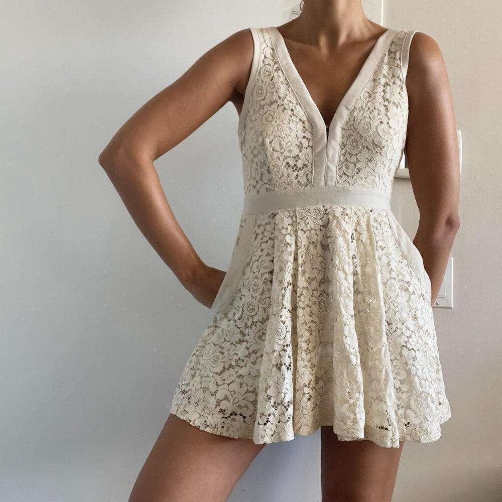 Free People | Cream Ivory "Lovely in Love" Lace Cut Out Back Mini Dress | Size S